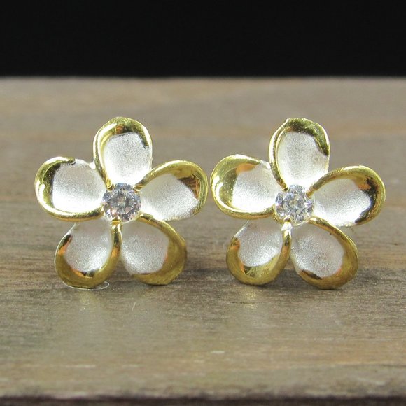 Jewelry - Sterling Silver Two Tone CZ Flower Stud Earrings Vintage